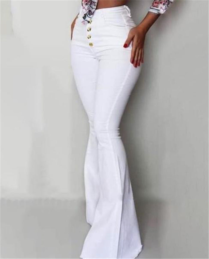 Buttoned Bell-Bottom High Waist Pants Women Solid Slim Fit White Flare Pants Summer Elegant Workwear Patalon Femme