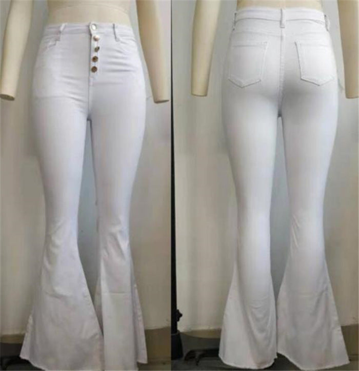 Buttoned Bell-Bottom High Waist Pants Women Solid Slim Fit White Flare Pants Summer Elegant Workwear Patalon Femme